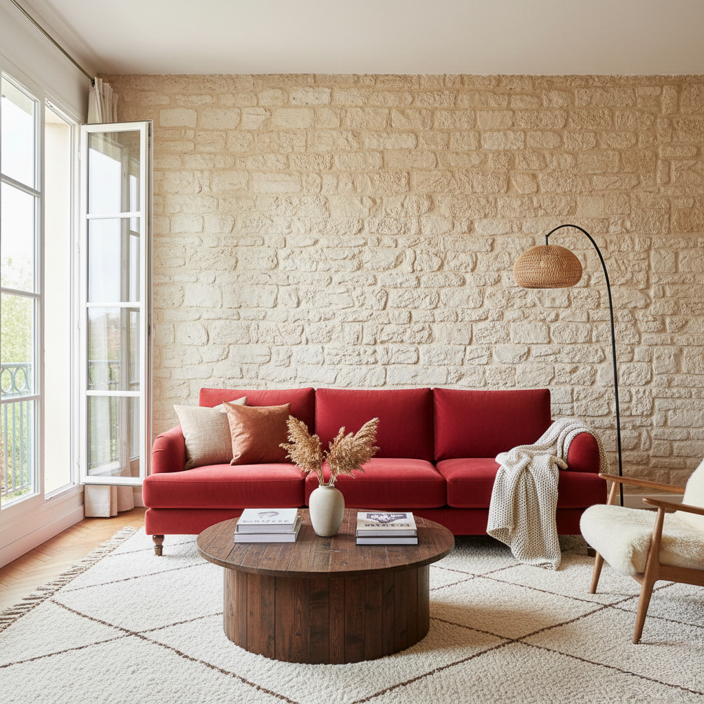 Photographie professionnelle d'un salon en pierre lumineux et authentique réalisée par Roxane Siméoni, photographe immobilier à Bordeaux et dans le Médoc