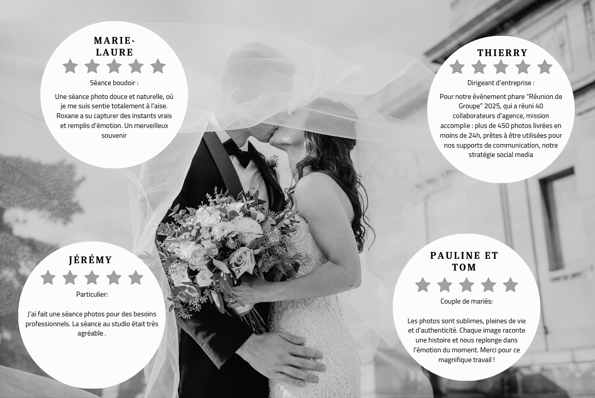 couple de mariés en noir et blanc, s'embrassant avec bouquet de fleurs, utilisé en fond de la section témoignages