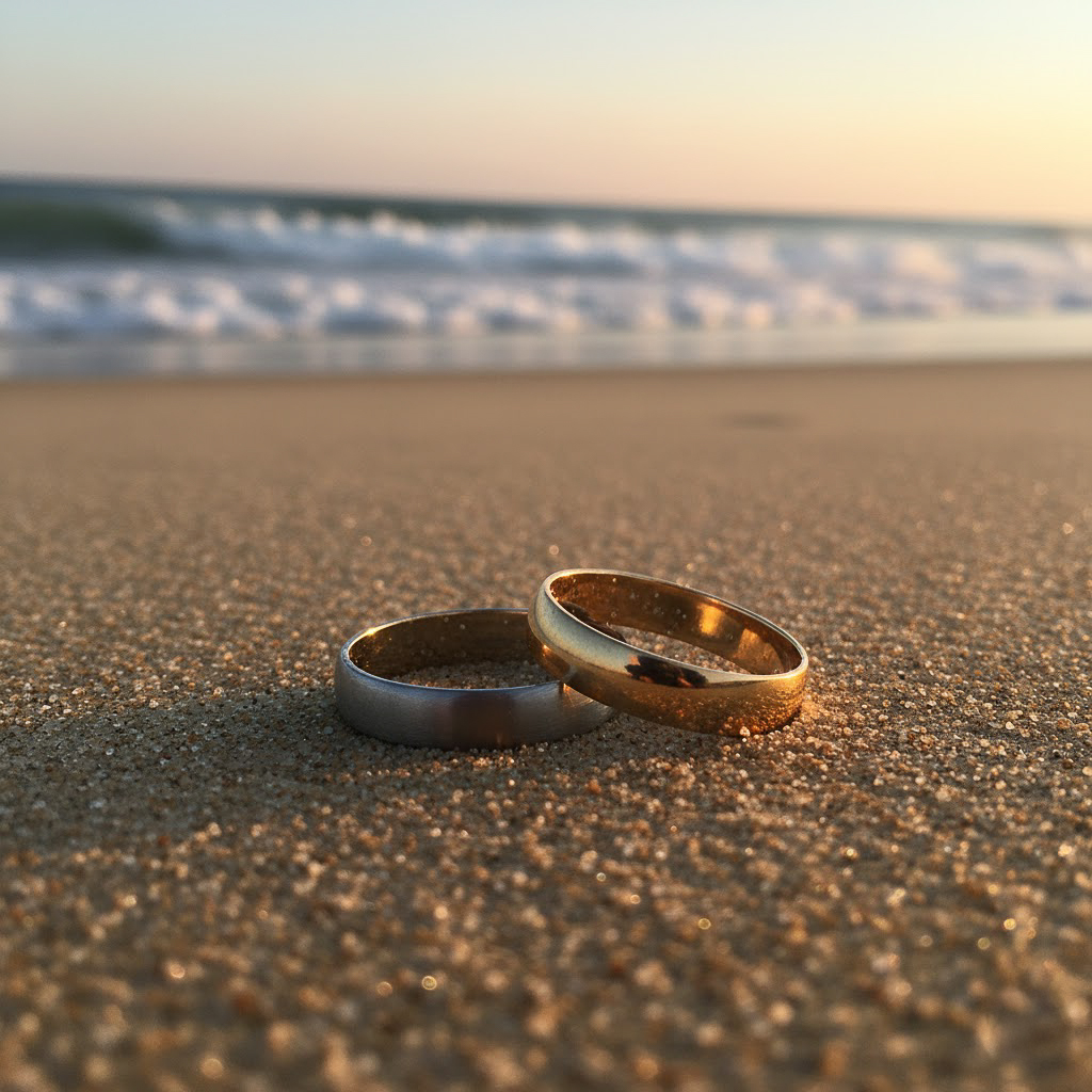 Deux alliances de mariage en or posées sur le sable fin face à l'océan au coucher du soleil, Bassin d'Arcachon.