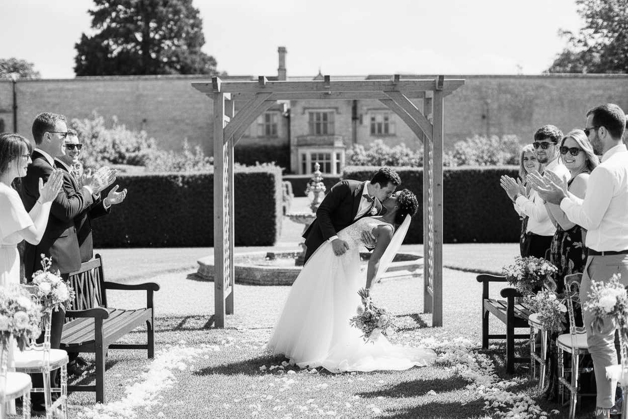 Baiser des mariés sous une arche en bois lors d'une cérémonie laïque en extérieur dans un domaine à Bordeaux.