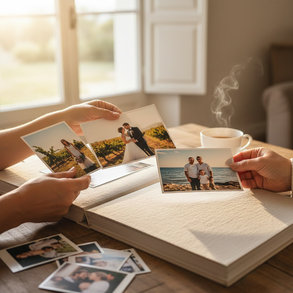 Mains tenant des tirages photos de mariage et de famille au-dessus d'un album ouvert, illustrant l'accès à une galerie photo privée sécurisée.