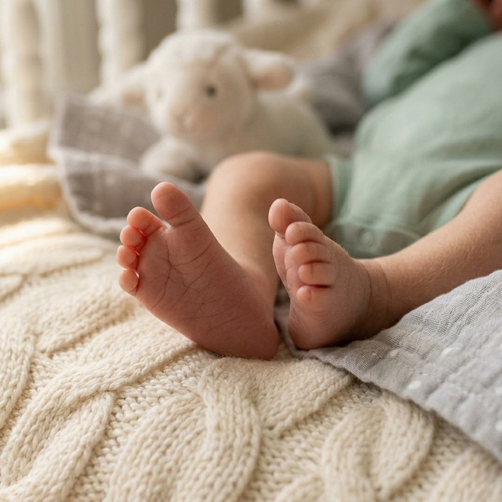 Gros plan des pieds d'un nouveau-né posés sur une couverture en laine blanche, séance photo naissance à domicile.